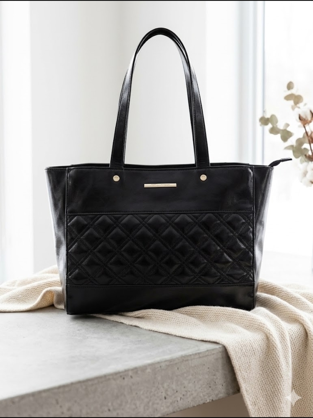 Steve Madden Black Quilted Vegan Patent Leather Tote Bag - NWT